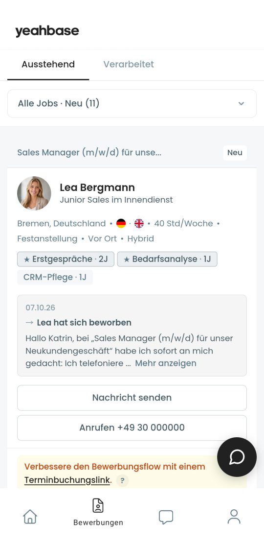 Die Yeahbase-App mit einer neuen Bewerbung