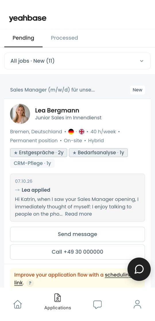 The Yeahbase app showing a new application