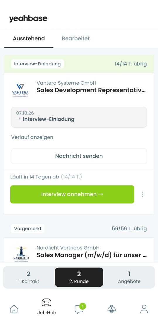 Die Yeahbase-App mit einer Interview-Einladung im Job-Hub
