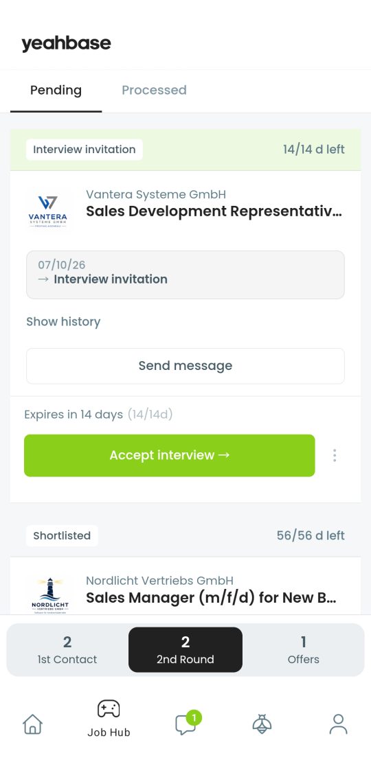 The Yeahbase app showing an interview invitation in the Job Hub
